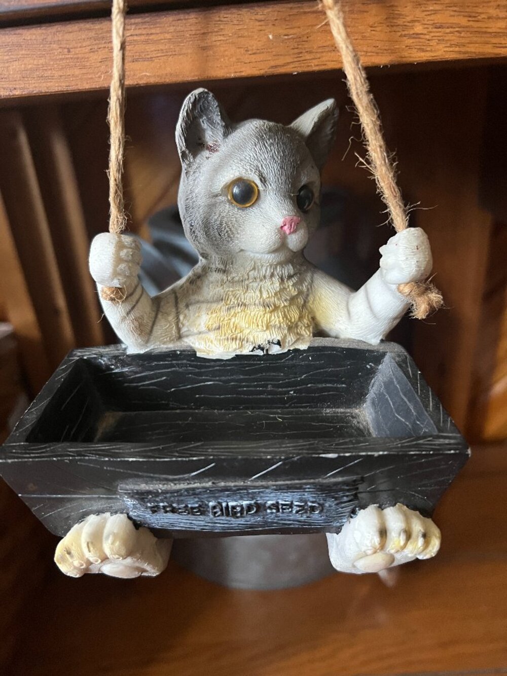 Vintage Gray Cat Birdfeeder Hanging or Shelf resin figurine 1990s